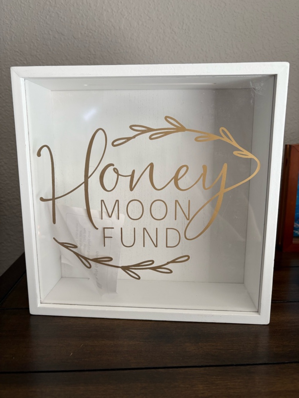 Honeymoon Fund white wood Shadow Box - White with Gold Script